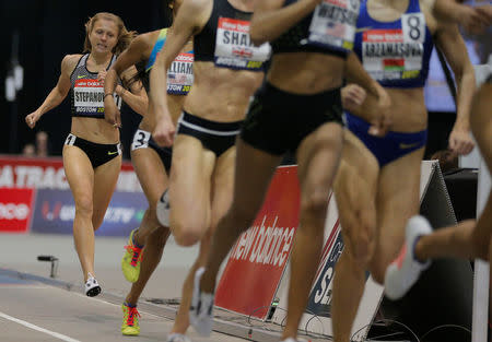 Russian whistleblower and runner Yulia Stepanova (R), who helped expose massive doping problems in Russia that led to the country's track and field team being banned from international competition, competes as a neutral athlete in the 800 meter race at the Boston Indoor Grand Prix in Boston, Massachusetts, U.S. January 28, 2017. REUTERS/Brian Snyder