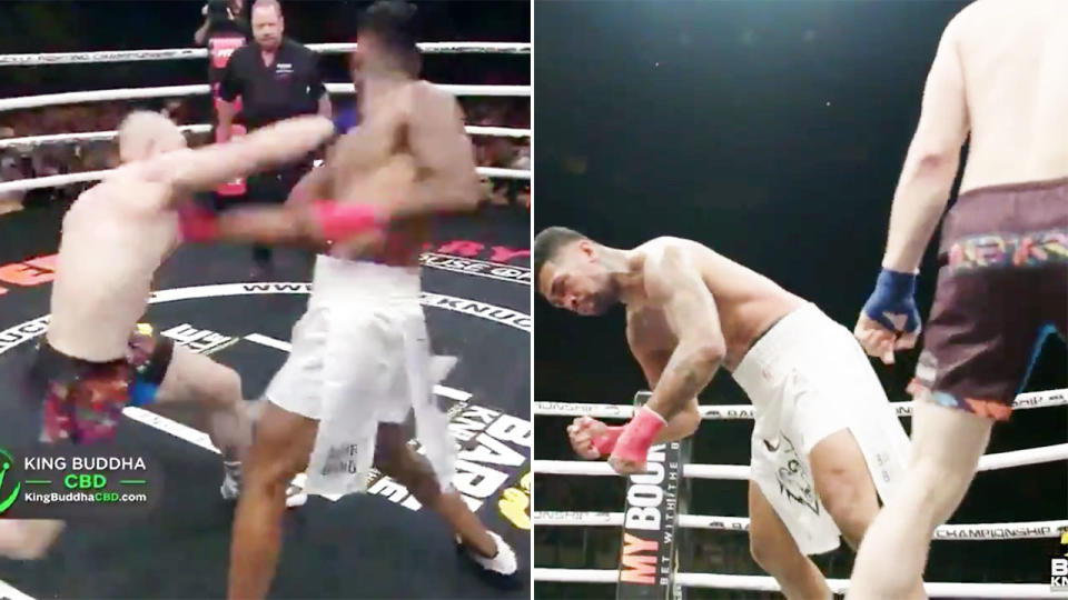 The bare-knuckle bout ended in sickening fashion as Johnavan Vistante crashed to the canvas. Image: Bare Knuckle FC