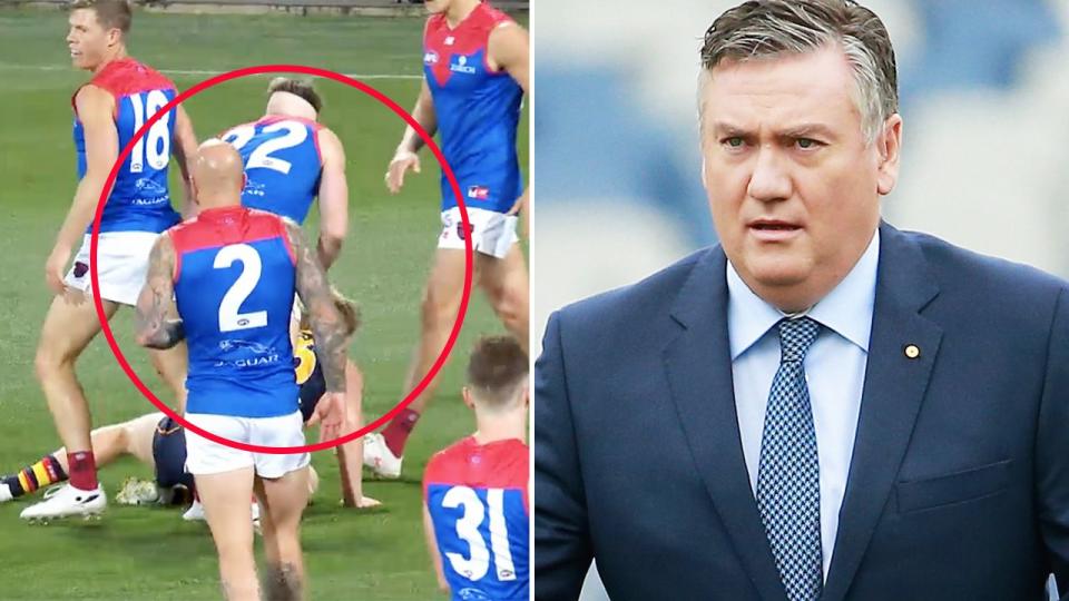Pictured here, Eddie McGuire reacted angrily to a cheap shot in Wednesday night's game between Richmond and Melbourne.