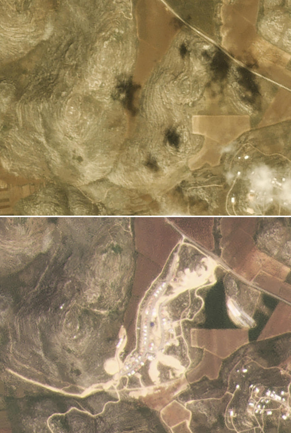 This combination of satellite images provided by Planet Labs Inc. shows the growth of the West Bank Jewish settlement of Amichai, with photos of March 5, 2017, top, and March 16, 2021. The satellite images and data obtained by the AP document for the first time the full impact of the pro-settlement policies of then-President Donald Trump. (Planet Labs Inc. via AP)