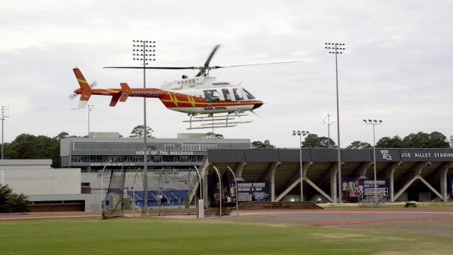 A Pafford EMS medical transport helicopter lifts off from outside Joe Aillet Stadium on the Louisiana Tech University campus