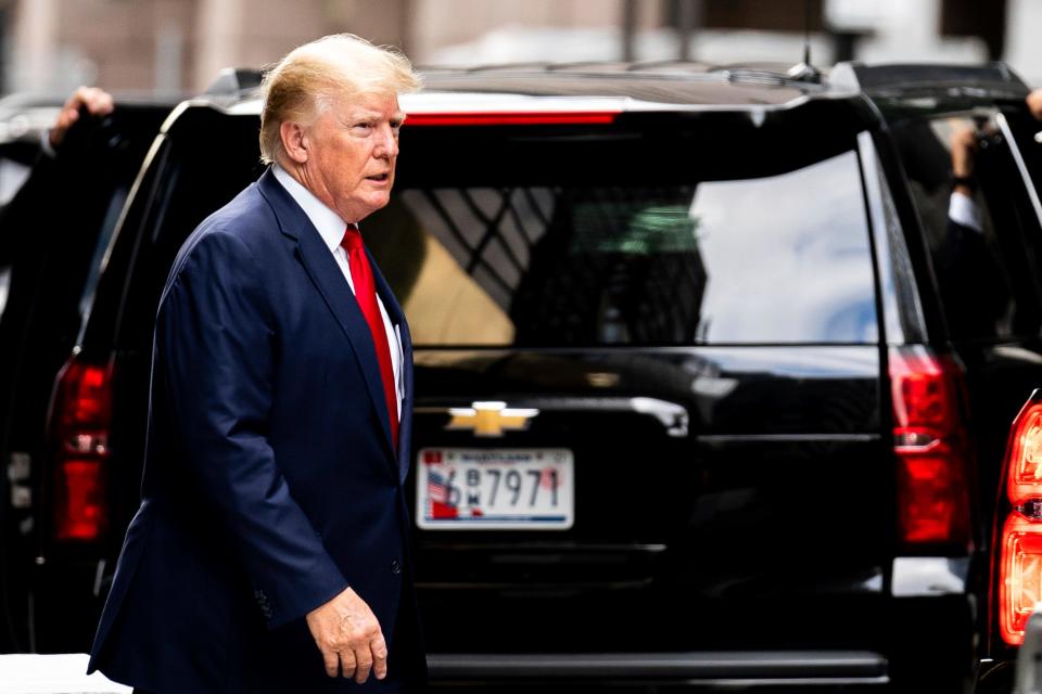 Former President Donald Trump departs Trump Tower, Wednesday, Aug. 10, 2022, in New York, on his way to the New York attorney general's office for a deposition in a civil investigation.