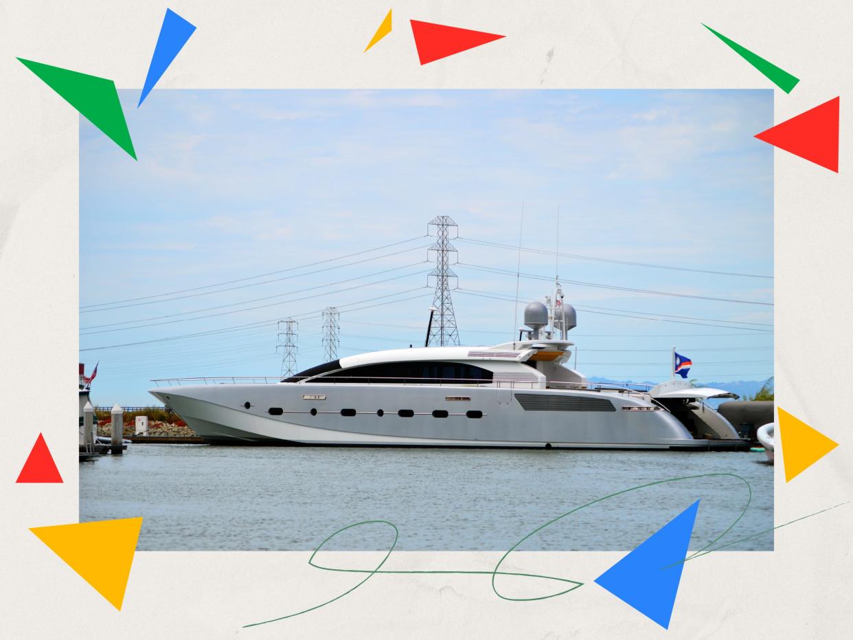 photo of Sergey Brin's yacht on a neutral background with triangles in the Google colors