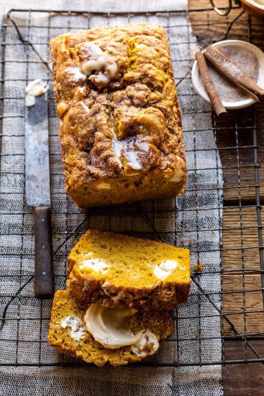 <p>Half Baked Harvest</p><p>Moist pumpkin banana bread sweetened with maple syrup, swirled with cream cheese, topped with sweet cinnamon sugar and served warm. </p><p><strong>Get the recipe: <em><a href="https://www.halfbakedharvest.com/cream-cheese-swirled-pumpkin-banana-bread/" rel="nofollow noopener" target="_blank" data-ylk="slk:Cream Cheese Swirled Pumpkin Bread;elm:context_link;itc:0;sec:content-canvas" class="link rapid-noclick-resp">Cream Cheese Swirled Pumpkin Bread</a></em></strong></p>