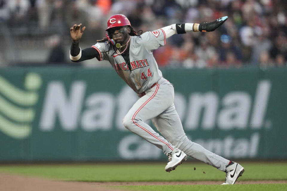 Cincinnati Reds' Elly De La Cruz steals third base against the San Francisco Giants during the third inning of a baseball game in San Francisco, Friday, May 10, 2024. (AP Photo/Jeff Chiu)