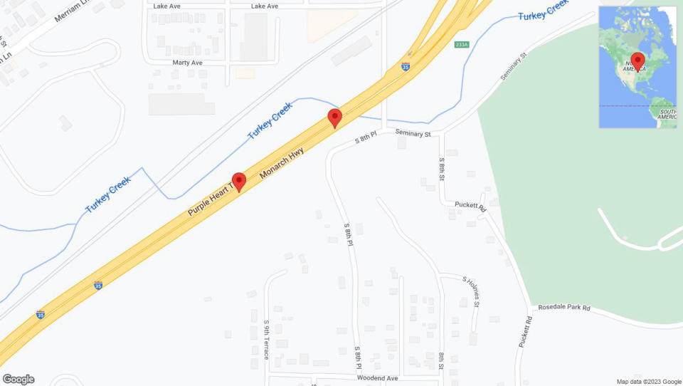 A detailed map that shows the affected road due to 'Broken down vehicle on northbound I-35 in Kansas City' on December 28th at 6:45 p.m.