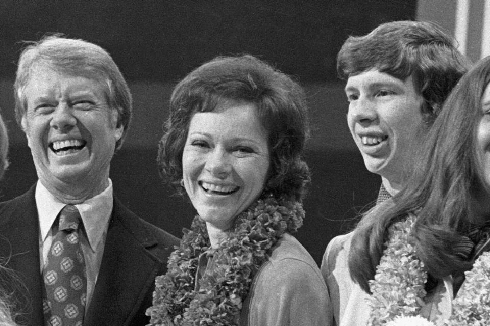 <p>Bettmann/Getty</p> Jimmy, Rosalynn and Jeff Carter at the 1976 Democratic National Convention