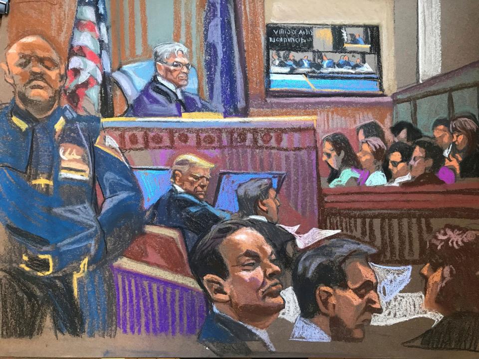 A courtroom artist's sketch shows the judge, parties, and jurors in the Donald Trump hush-money trial in Manhattan.