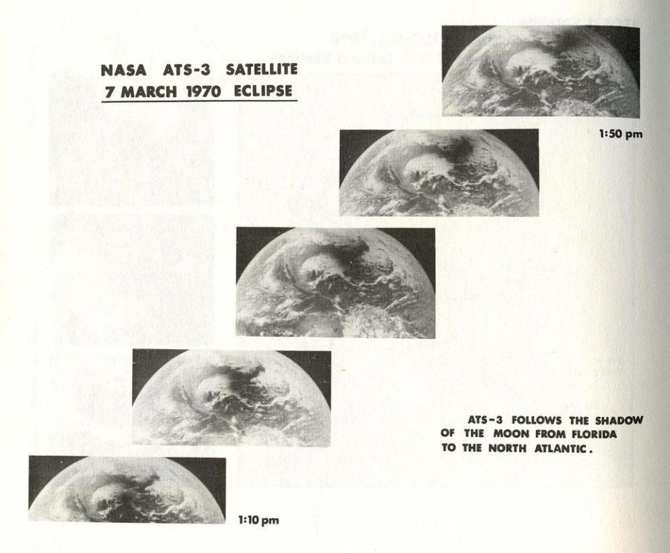 ATS-3 satellite captures the shadow of the moon from Florida to the North Atlantic.