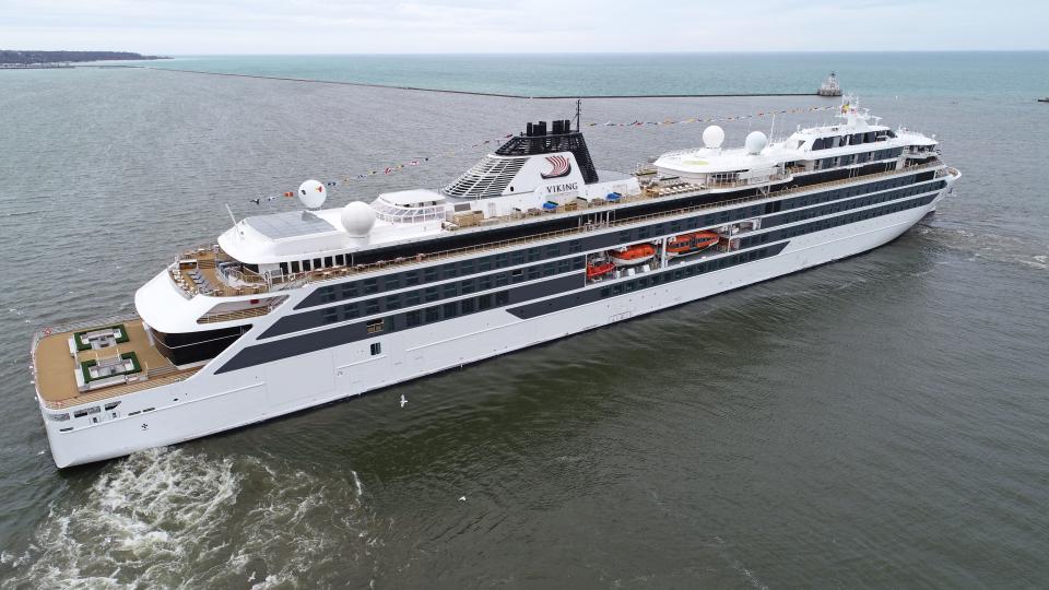 The Viking Octantis sails into the breakwater along Milwaukee's shore on its way to dock at the Port of Milwaukee on Friday, May 6, 2022. The Octantis was the first cruise ship to visit the city since 2019. 