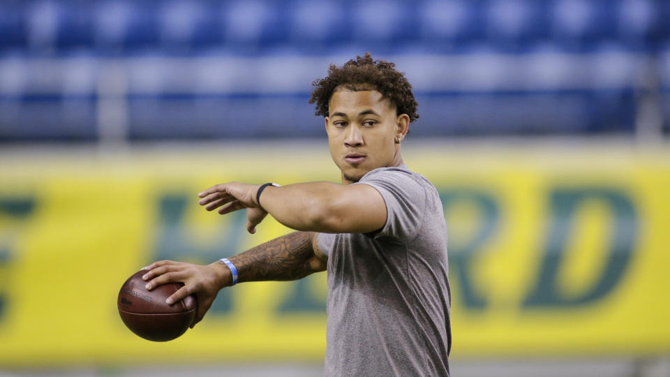 FILE - North Dakota State quarterback Trey Lance throws at the school's football NFL Pro Day in Fargo, N.D., in this Friday, March, 12, 2021, file photo. Lance will likely be one of the first two players drafted from non-Football Bowl Subdivision programs next week. (AP Photo/Andy Clayton-King, File)