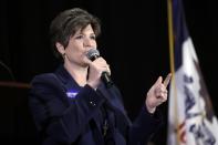 FILE - In this April 11, 2014, file photo, Iowa Senate candidate Joni Ernst speaks during the Iowa Republican Party's annual Lincoln Day dinner in Cedar Rapids, Iowa. A GOP TV spot comparing castrating hogs to cutting spending, and Democrat Bruce Braley’s comment that lawyers like him are better suited to serve on the Senate Judiciary Committee than “an Iowa farmer” like U.S. Sen. Charles Grassley, have raised the Iowa’s open Senate seat on the GOP’s list of winnable races in the 2014 elections. (AP Photo/Charlie Neibergall, File)