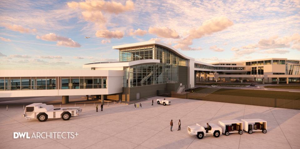 Renderings by DWL Architects show the new pedestrian walkway planned for Terminal B at Sacramento International Airport. Construction is projected to start in August.