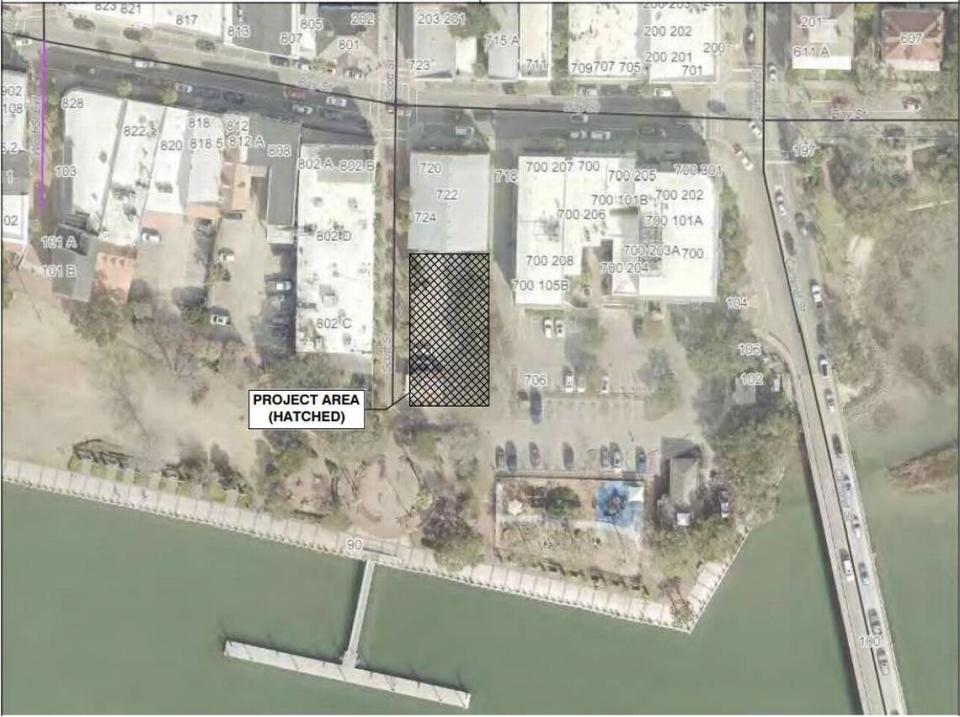 Aerial view of the proposed plans for the Green’s Drugstore Infill Project, which would be located at 101 Scott St., in downtown Beaufort, South Carolina. The design plans were presented during a Historic District Review Board meeting Wednesday, May 8, 2024.