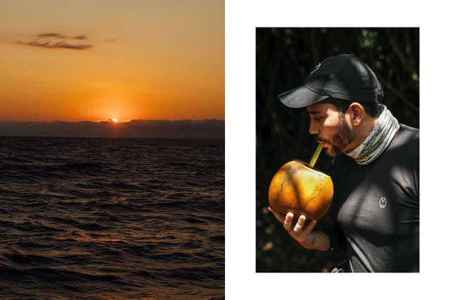 <p>Rose Marie Cromwell</p> From left: Sunset off the coast of Manta, a city on Ecuador’s central coast; Rodrigo Pacheco, the chef at Bocavaldivia, samples fresh coconut water.