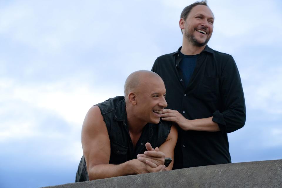 l to r vin diesel and director louis leterrier on the set of fast x