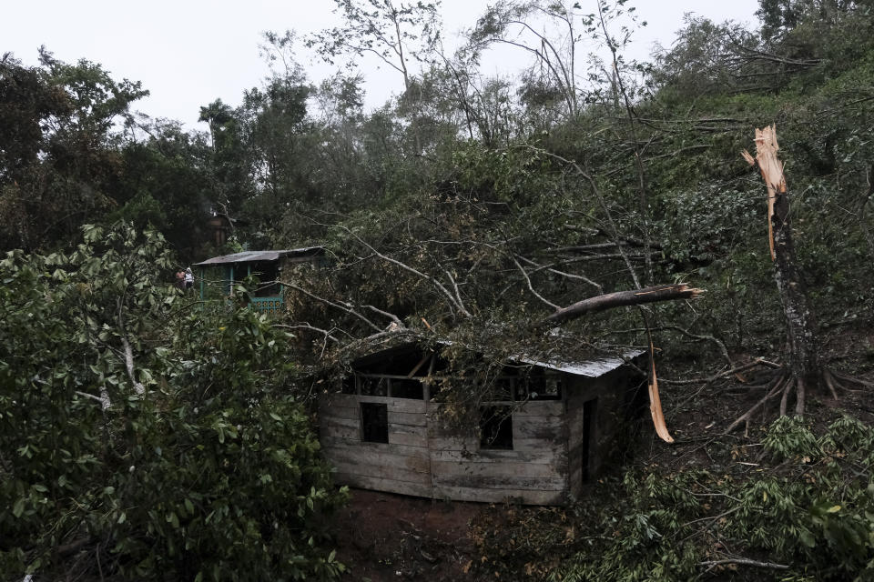 Fallen tree branches cover a house after the passage of Hurricane Iota in Siuna, Nicaragua, Tuesday, Nov. 17, 2020. Hurricane Iota tore across Nicaragua, hours after roaring ashore as a Category 4 storm along almost exactly the same stretch of the Caribbean coast that was recently devastated by an equally powerful hurricane. (AP Photo/Carlos Herrera)