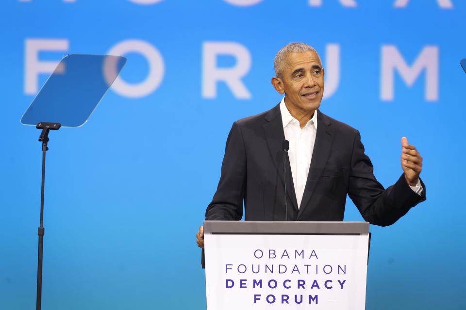 CHICAGO, ILLINOIS - NOVEMBER 03: Former President Barack Obama speaks to attendees at the Obama Foundation Democracy Forum on November 03, 2023 in Chicago, Illinois. Obama spoke about economic inclusion is fundamental to safeguarding and expanding democracies in countries around the world. (Photo by Scott Olson/Getty Images) ORG XMIT: 776056675 ORIG FILE ID: 1773223969