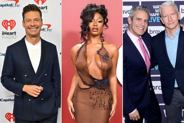 <p>Getty</p> Ryan Seacrest, Megan Thee Stallion, and Andy Cohen with Anderson Cooper