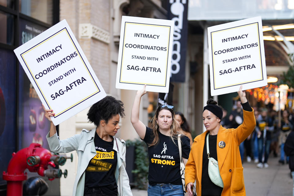 Intimacy coordinators join SAG-AFTRA members on strike in 2023 in New York City. 