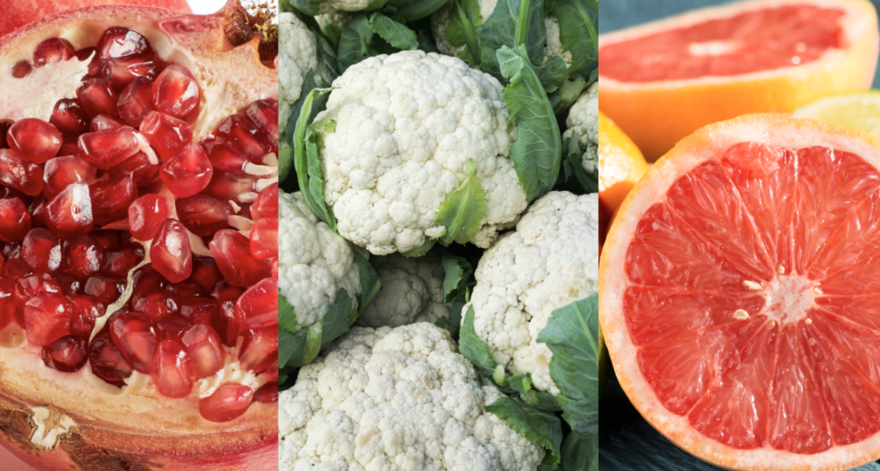 Pomegranates and cauliflower are among the in season fruits and vegetables this winter. (Photos via Getty Images)