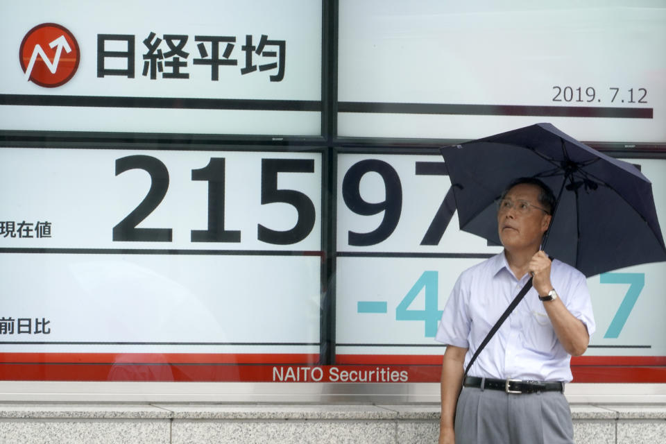 A man stands by an electronic stock board showing Japan's Nikkei 225 index at a securities firm in Tokyo Friday, July 12, 2019. Shares in Asia are mostly higher after a turbulent day on Wall Street ended with the Dow Jones Industrial Average closing above 27,000 for the first time. (AP Photo/Eugene Hoshiko)
