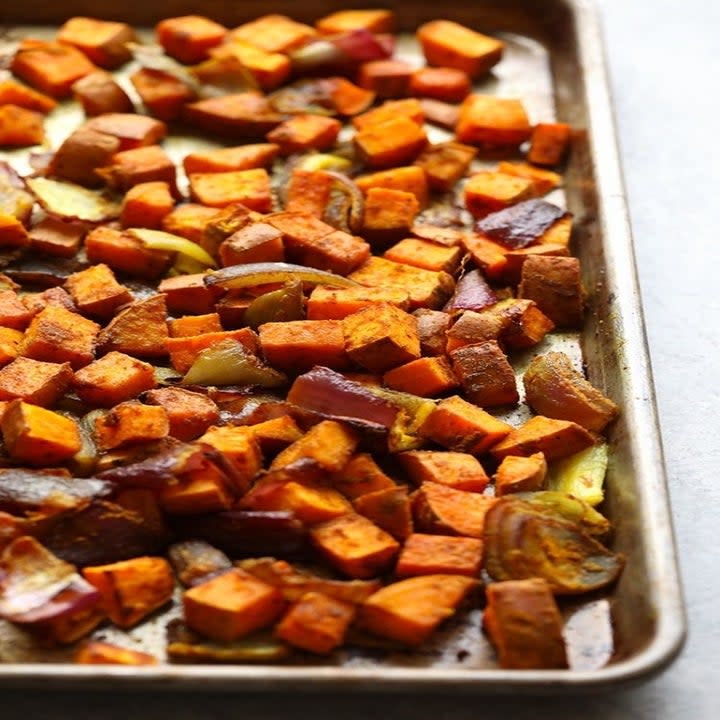 Roasted sheet pan sweet potatoes.