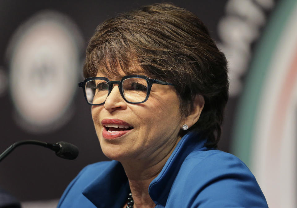 FILE - Valerie Jarrett, former senior adviser to President Barack Obama, speaks during the National Action Network Convention in New York, April 3, 2019. Concern for U.S. democracy amid deep national polarization has prompted the entities supporting 13 presidential libraries dating back to Herbert Hoover to call for a recommitment to the country's bedrock principles, including the rule of law and respecting a diversity of beliefs. (AP Photo/Seth Wenig, File)