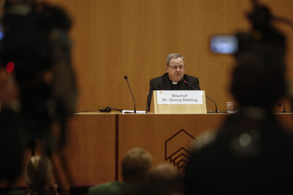 Monsignor Georg Baetzing, head of the German Bishops' Conference, attends a press conference at the end of a 6-day visit of German bishops to the Vatican, including an audience with Pope Francis, in Rome, Saturday, Nov. 19, 2022. Top Vatican cardinals tried to put the brakes on the German Catholic Church's controversial reform process Friday, fearing proposals concerning gays, women and sexual morals will split the church and insisting they would be better debated later. (AP Photo/Riccardo De Luca)