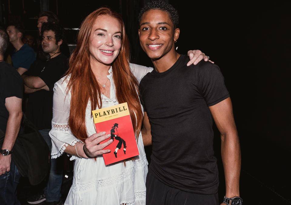 <p>Lindsay Lohan meets star Myles Frost at <em>MJ: The Musical</em> in N.Y.C. on Aug. 3. </p>