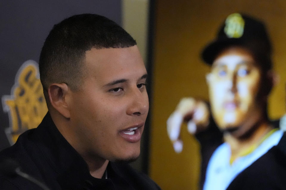San Diego Padres third baseman Manny Machado talks about his 11-year contract extension during a news conference Tuesday, Feb. 28, 2023, at the team's spring training baseball facility in Peoria, Ariz. (AP Photo/Charlie Riedel)