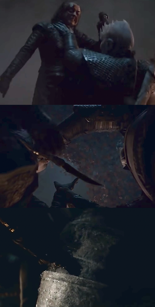 Arya drops her knife, catches it with her other hand, and stabs the Night King