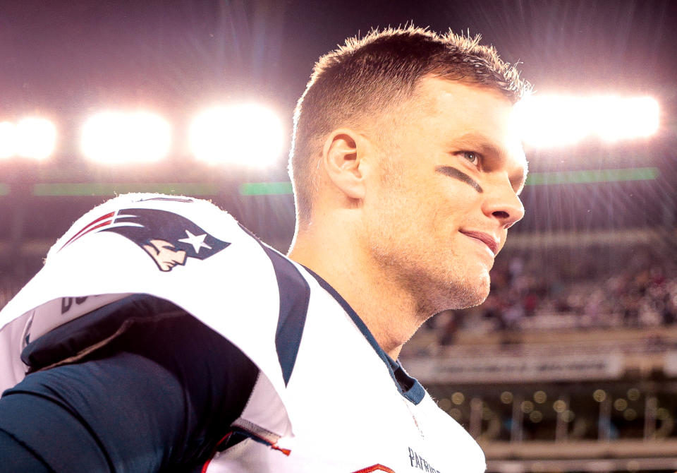 EAST RUTHERFORD, NJ - OCTOBER 21: New England Patriots Quarterback Tom Brady (12) is pictured following the National Football League game between the New England Patriots and the New York Jets on October 21, 2019 at MetLife Stadium in East Rutherford, NJ. (Photo by Joshua Sarner/Icon Sportswire via Getty Images)