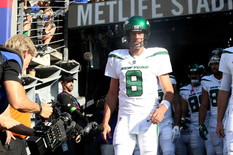 New York Jets quarterback Aaron Rodgers (8) during an NFL preseason football game against the New York Giants, Saturday, Aug. 26, 2023 in East Rutherford, N.J.