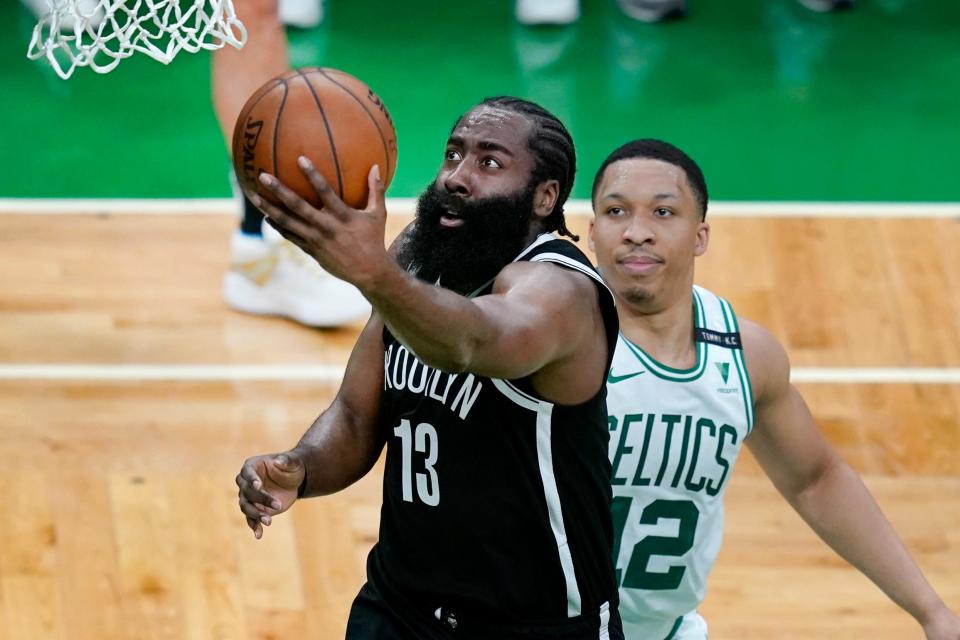 James Harden had 23 points and 18 assists in the Nets' 141-126 win over the Celtics on Sunday.