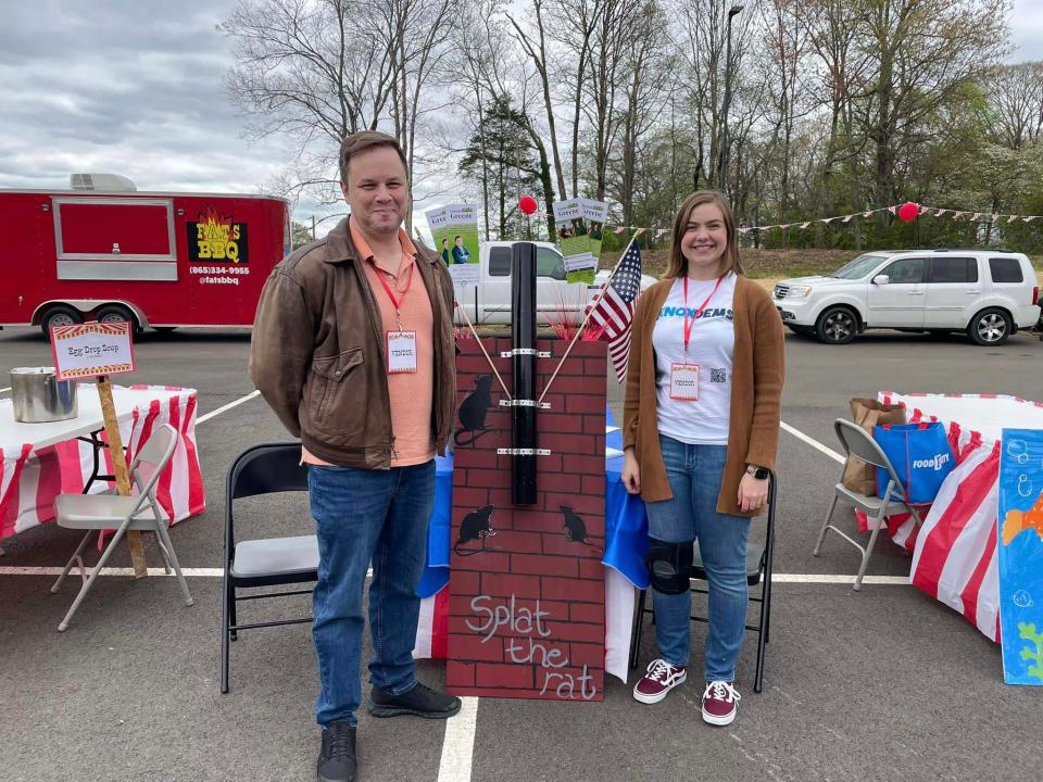 Daniel Greene and his campaign manager, Makaela Webb, volunteer to run games at the first Otterfest at Mill Creek Elementary School on April 5, 2024. (Photo is a selfie by Daniel Greene using a remote stand)