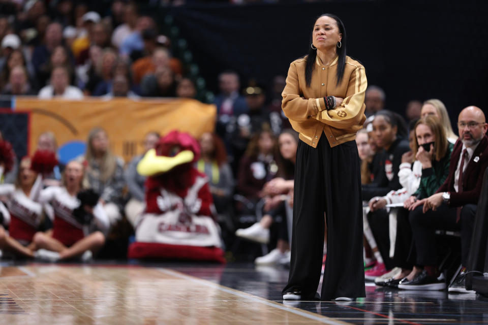 Head coach Dawn Staley of the South Carolina Gamecocks is seen during the first quarter against the Iowa Hawkeyes during the 2023 NCAA Women’s Basketball Tournament Final Four semifinal game. - Credit: Getty Images