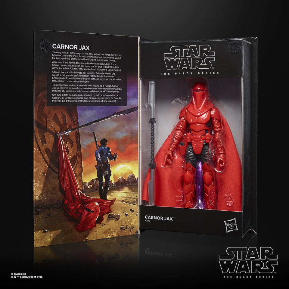 Hasbro Star Wars Black series figure of Carnor Jax, inside the box shown with the front panel open