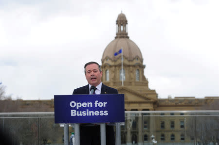 Jason Kenney, Alberta's premier-designate and leader of the United Conservative Party (UCP), meets with the media in front of the Legislature Building in Edmonton, Alberta, Canada April 17, 2019. REUTERS/Candace Elliott