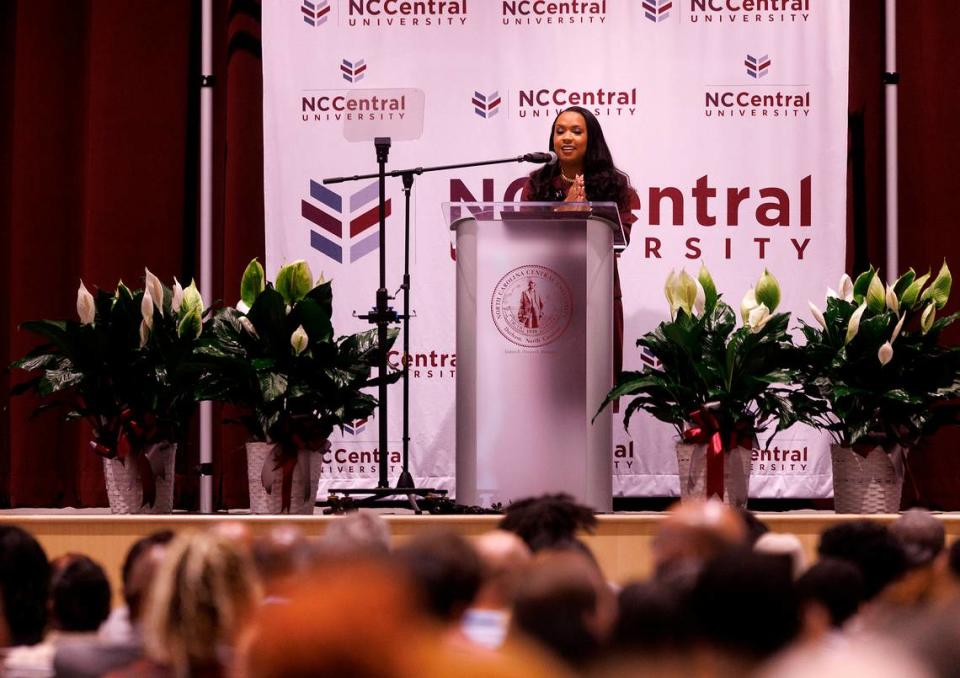 Karrie Dixon speaks after being named the new chancellor of North Carolina Central University on Thursday, June 6, 2024, in Durham, N.C.