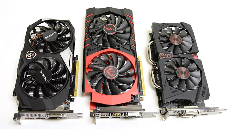 Here's a look at the three cards lined up side by side. The MSI is noticeably larger. It also has larger fans than the other two cards, and its PCB spans the entire length of the cooling shroud.