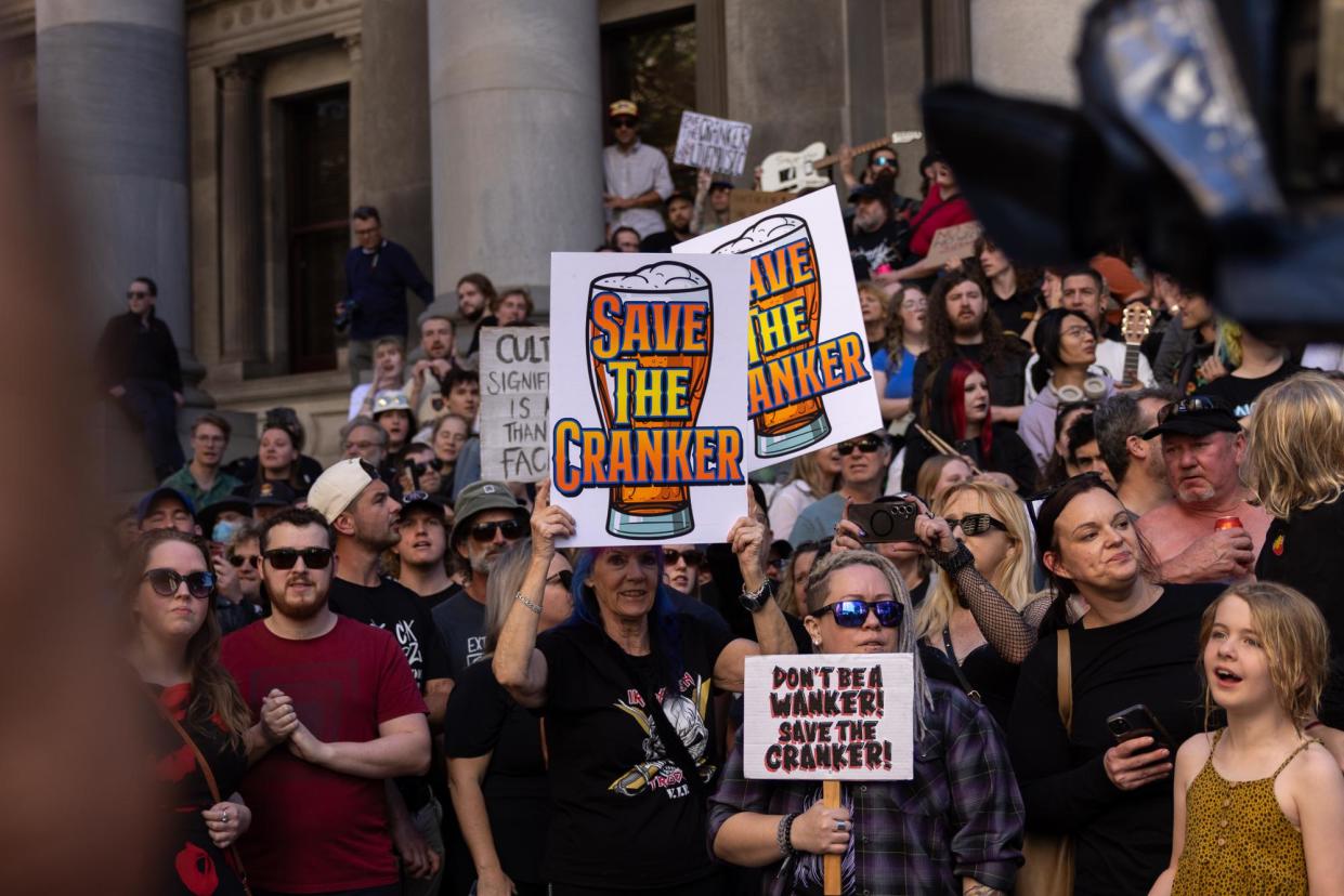 <span>Thousands march in Adelaide on Sunday to protest against the proposed development of the Crown and Anchor, a pub and live music venue known widely as the Cranker.</span><span>Photograph: Sia Duff/The Guardian</span>
