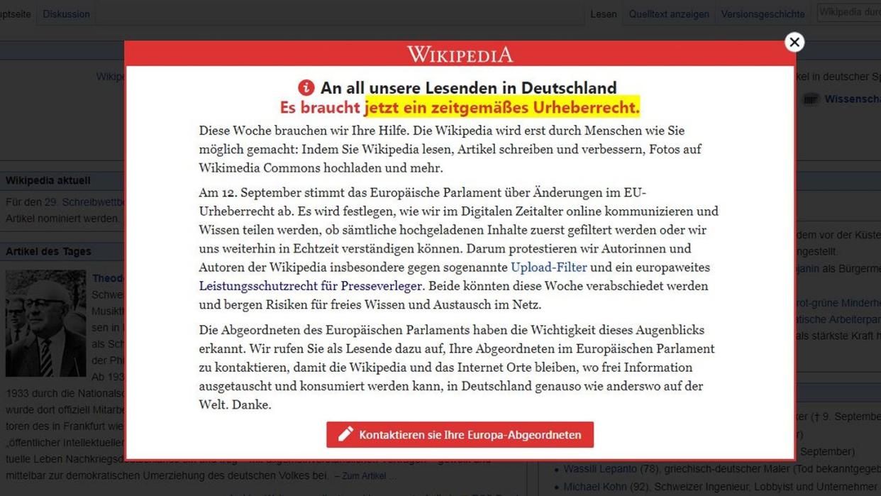 Vorschalt-Seite der freien Internet-Enzyklopädie Wikipedia, auf der zum Protest gegen die geplante Reform des europäischen Urheberrechts aufgerufen wird. Foto: Wikipedia