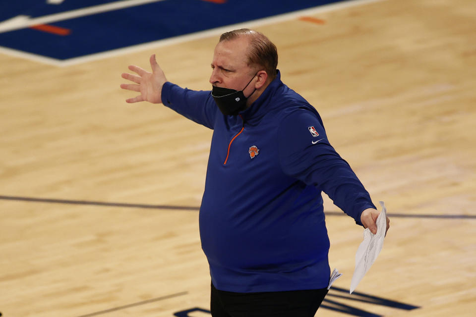 New York Knicks head coach Tom Thibodeau reacts to a call during the first half of an NBA basketball game against the New Orleans Pelicans on Sunday, April 18, 2021, in New York. (AP Photo/Adam Hunger, Pool)