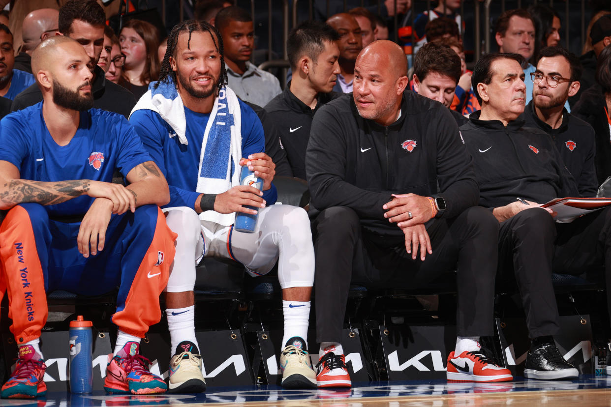 NEW YORK, NY - OCTOBER 9: Assistant Coach Rick Brunson of the New York Knicks talks with son Jalen Brunson #11 during the preseason game on October 9, 2023 at Madison Square Garden in New York City, New York.  NOTE TO USER: User expressly acknowledges and agrees that, by downloading and or using this photograph, User is consenting to the terms and conditions of the Getty Images License Agreement. Mandatory Copyright Notice: Copyright 2023 NBAE  (Photo by Nathaniel S. Butler/NBAE via Getty Images)