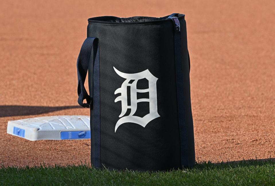 A general view of a Detroit Tigers logo covering a ball bag on the field, prior to a game April 15, 2022 against the Kansas City Royals at Kauffman Stadium.