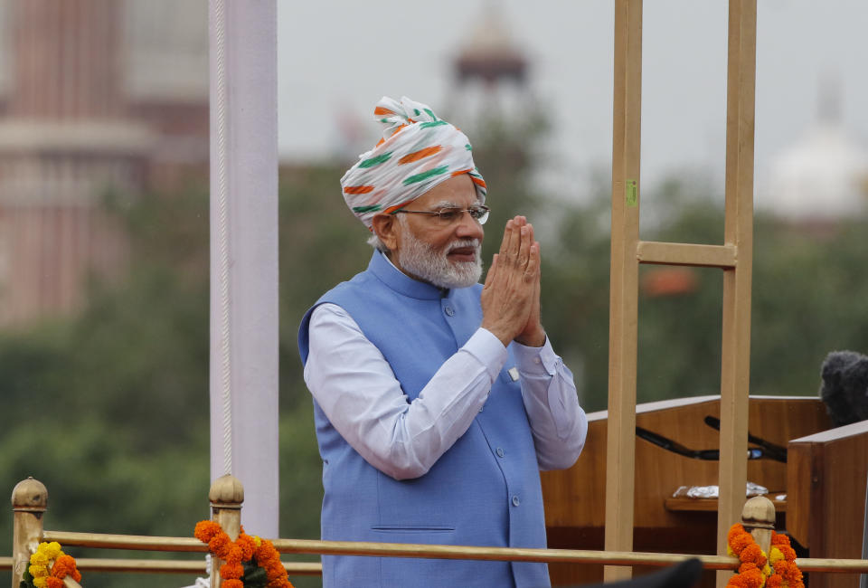 Indian Prime Minister Narendra Modi, greets after addressing the nation at the 17th-century Mughal-era Red Fort on Independence Day in New Delhi, India, Monday, Aug.15, 2022. The country is marking the 75th anniversary of its independence from British rule. (AP Photo/Pankaj Nangia)