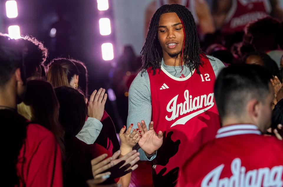 Indiana's Jakai Newton is announced during Hoosier Hysteria at Simon Skjodt Assembly Hall on Friday, October 20, 2023.