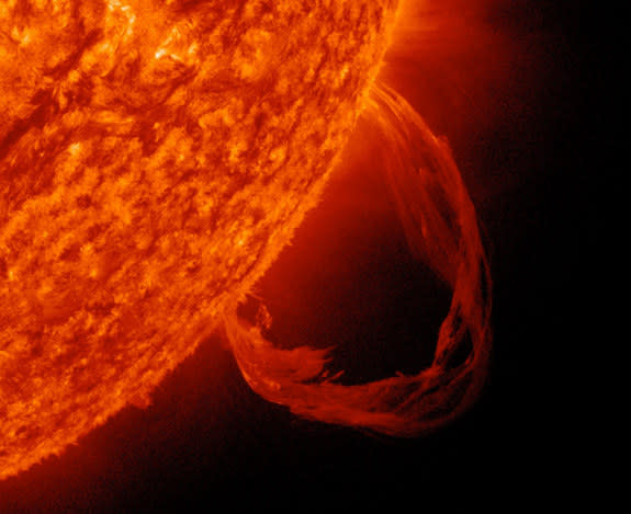 SDO 304 Angstrom image of prominence eruption on the sun at the same time as the X1.7-class solar flare on May 13, 2013 (cropped).