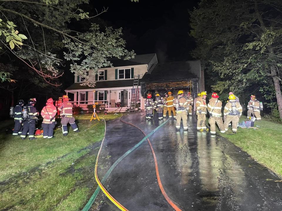 Several area fire departments fought a fire late Saturday night into Sunday at 2 Reservoir Lane in Upton, according to fire officials.